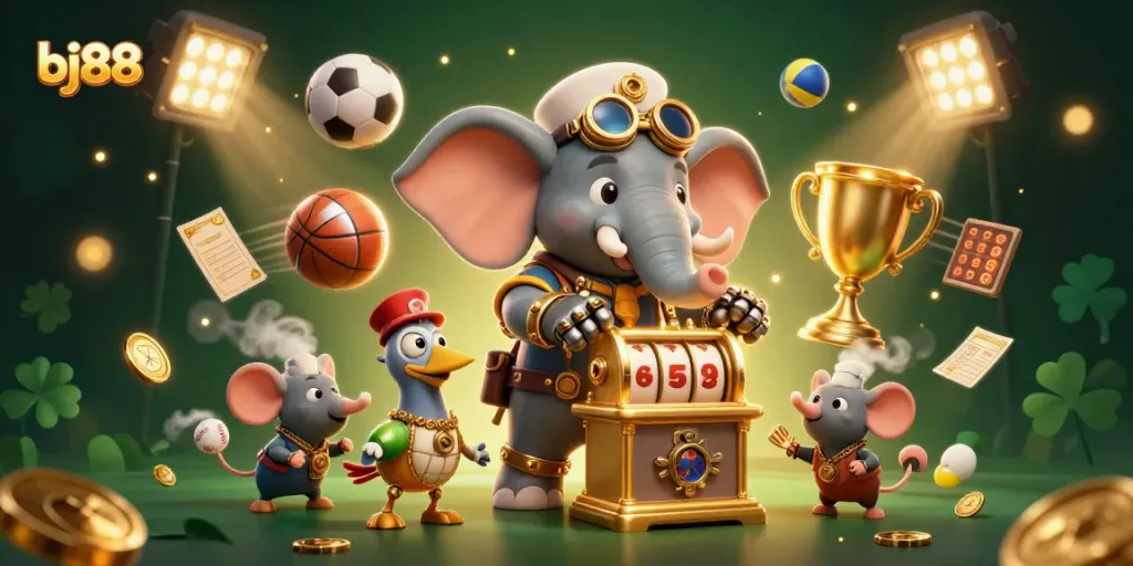 Engage with bj88 betting excitement, featuring a steampunk elephant at a golden slot machine amidst dynamic sports elements.