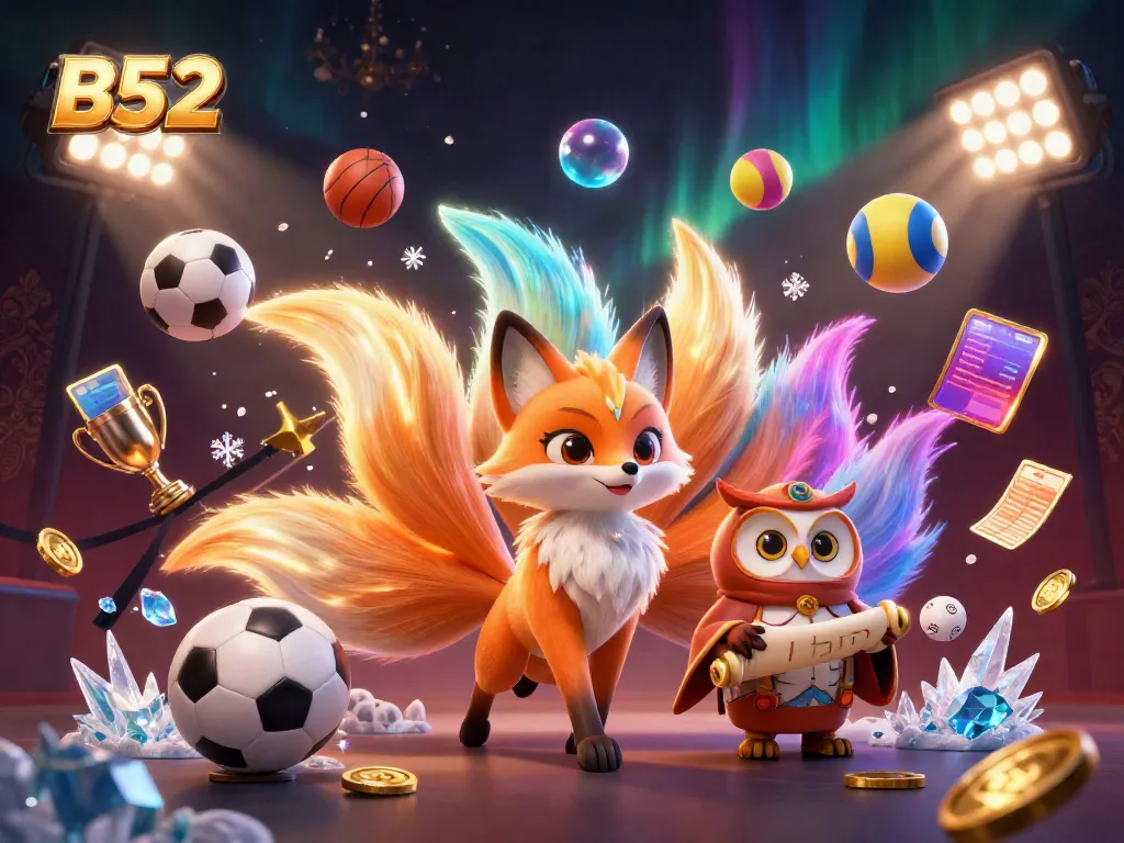 Engage with B52 while enjoying vibrant casino-themed 3D illustration featuring glowing spirits and dynamic sports elements.