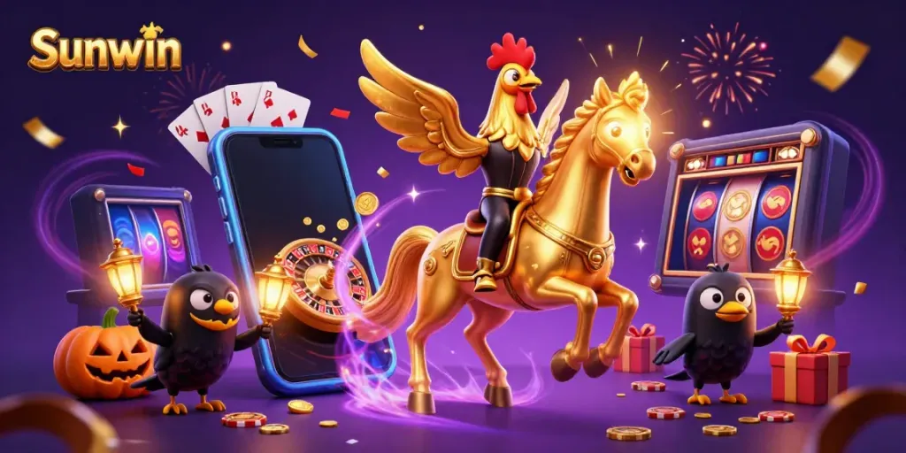 Experience gaming thrills with Sunwin in this vibrant casino illustration filled with enchanted characters and energetic game elements.