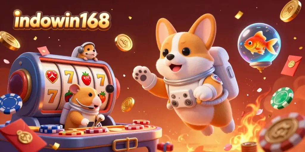 Menangkan permainan menggunakan indowin168 dengan gambar kasino luar angkasa yang hidup, menampilkan corgi astronaut dan elemen permainan.