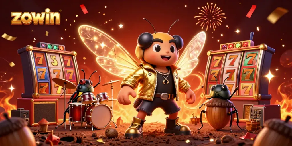Play slots and celebrate winnings at Zowin with a vibrant rock star casino scene.