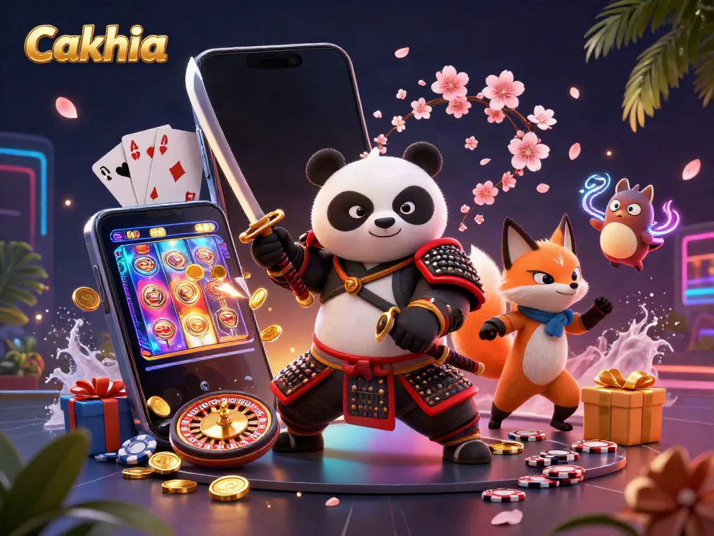 Cakhia features a samurai panda and ninja fox in an energetic casino scene with dynamic slot game elements.