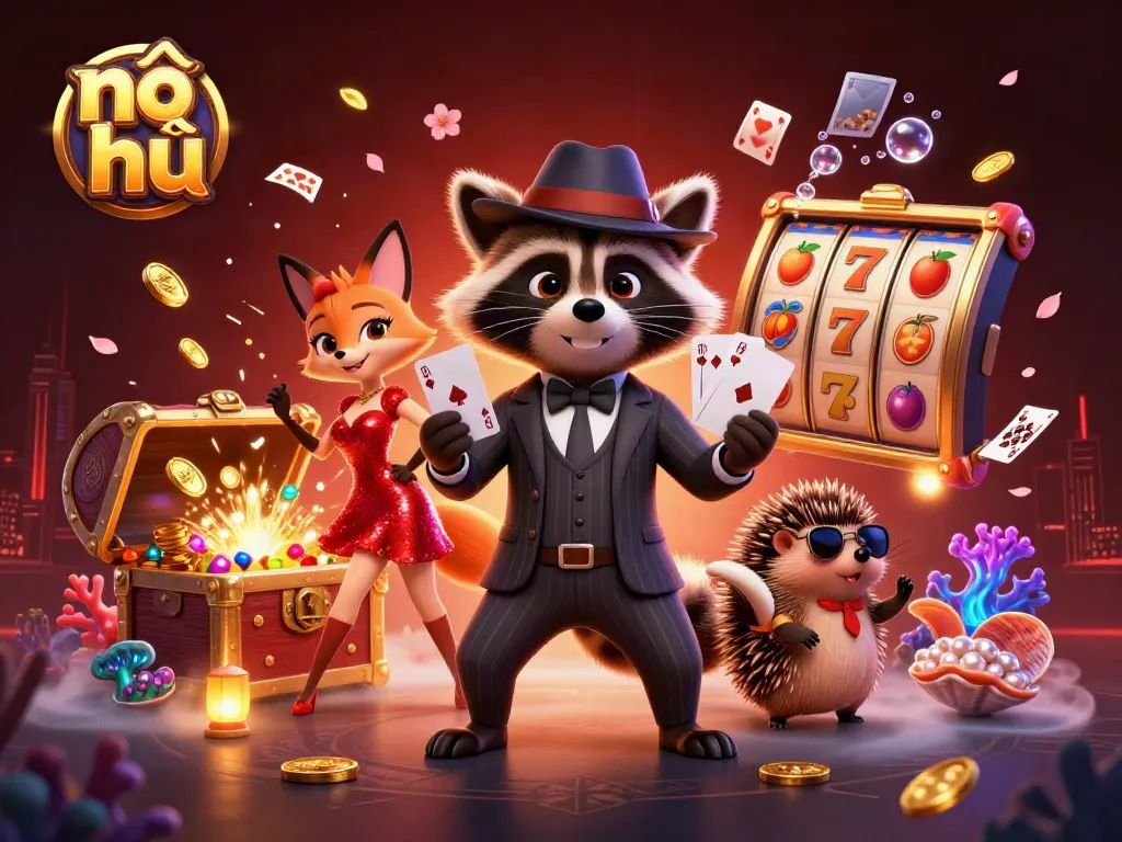 Celebrate big wins in nổ hũ with dynamic slot reels and charming casino characters.