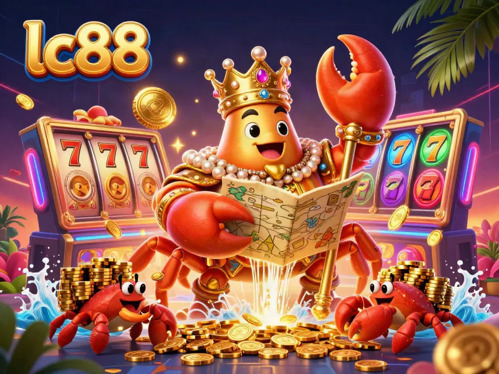 Experience the excitement of lc88 casino with vibrant slots and a golden crab emperor in action.