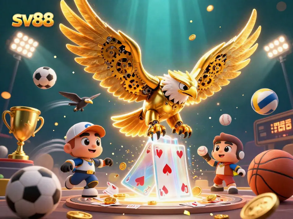 sv88 showcases an energetic casino scene with a cybernetic eagle amidst dynamic sports elements.