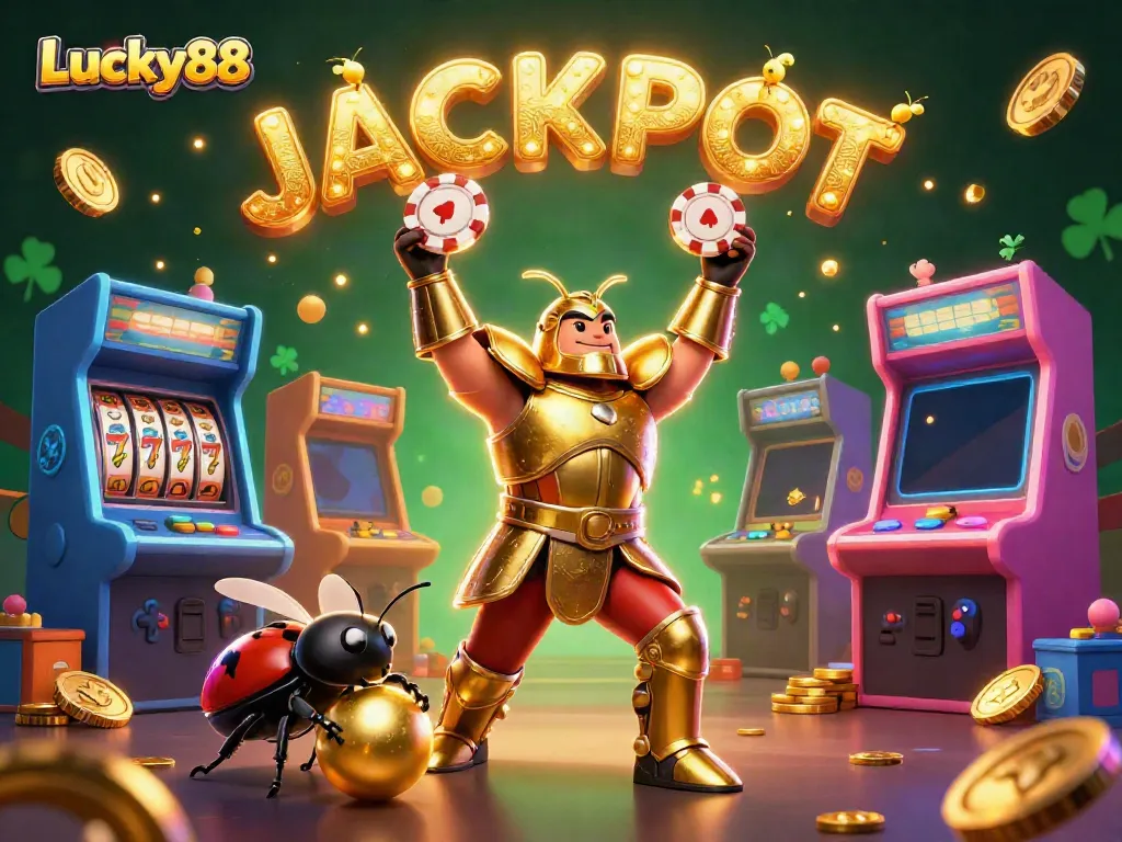 Experience the thrill at Lucky88 with a victory scene featuring a gladiator beetle and casino elements.