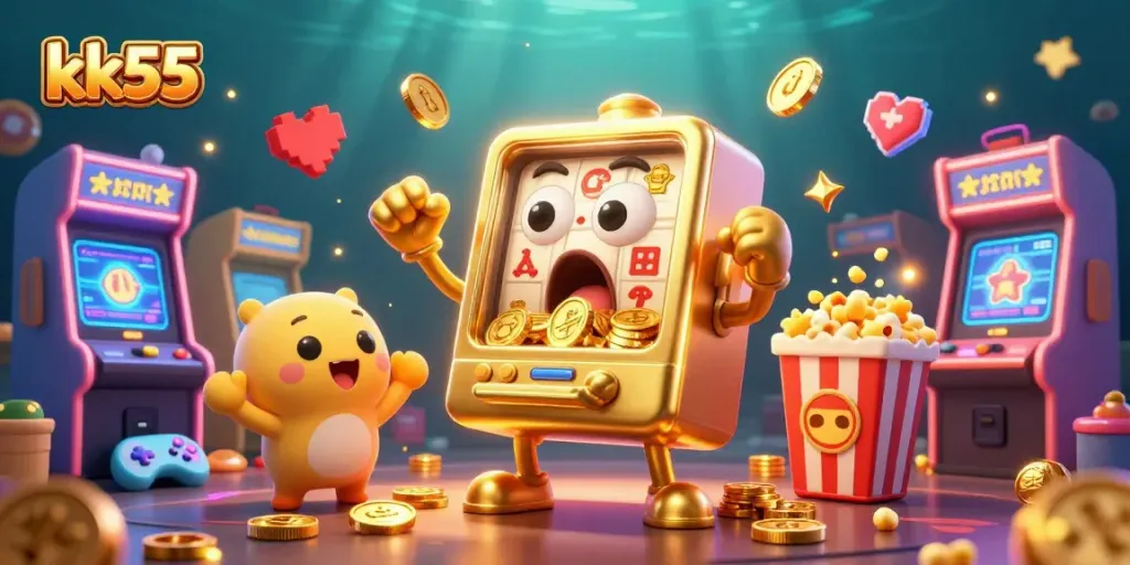 kk55 slot machine celebrating a jackpot with gold coins cascading, lively casino atmosphere.