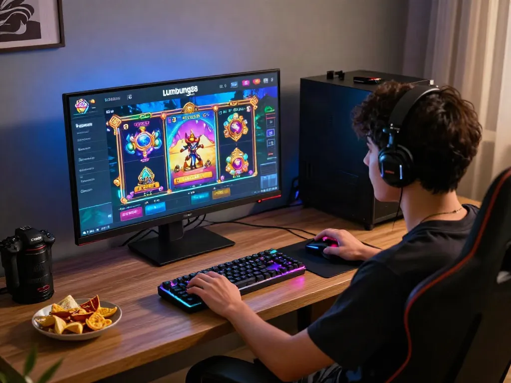 Player enjoying an immersive lumbung88 gaming experience at home with vibrant graphics and modern gaming setup.