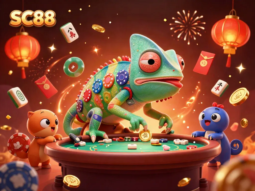 Witness the SC88 chameleon casino owner collecting golden coins amidst a vibrant casino celebration.