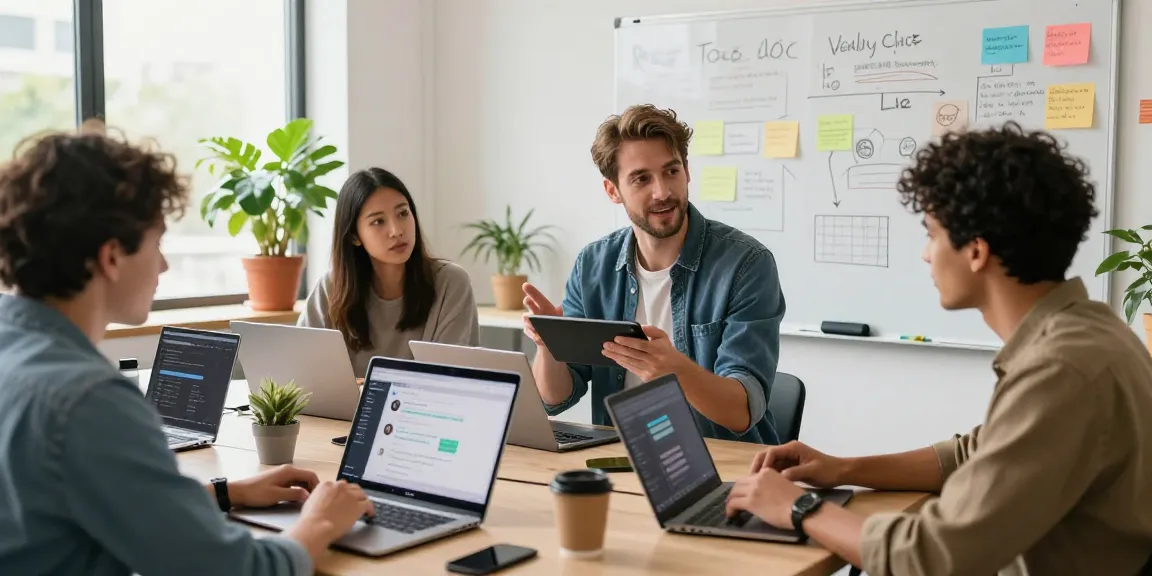 Developers collaborating on juicy ai chat project in a vibrant tech workspace