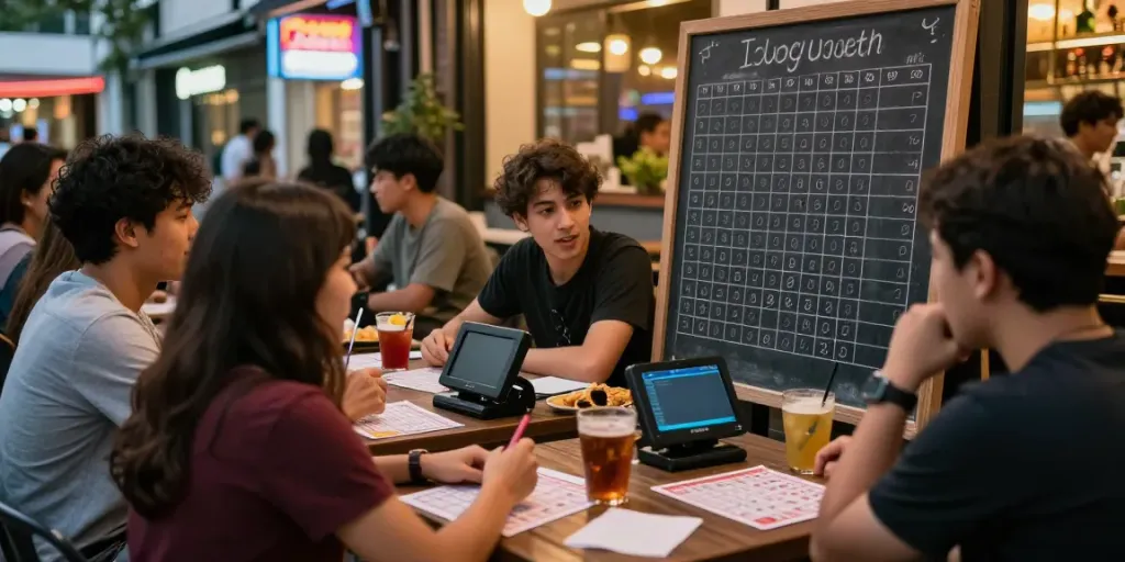 Engaged togel players enjoying friendly competition at an urban café.