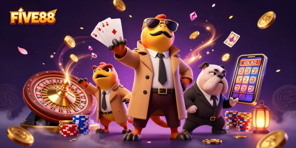 Experience thrilling bets at FIVE88 with vibrant casino characters and dynamic game elements.