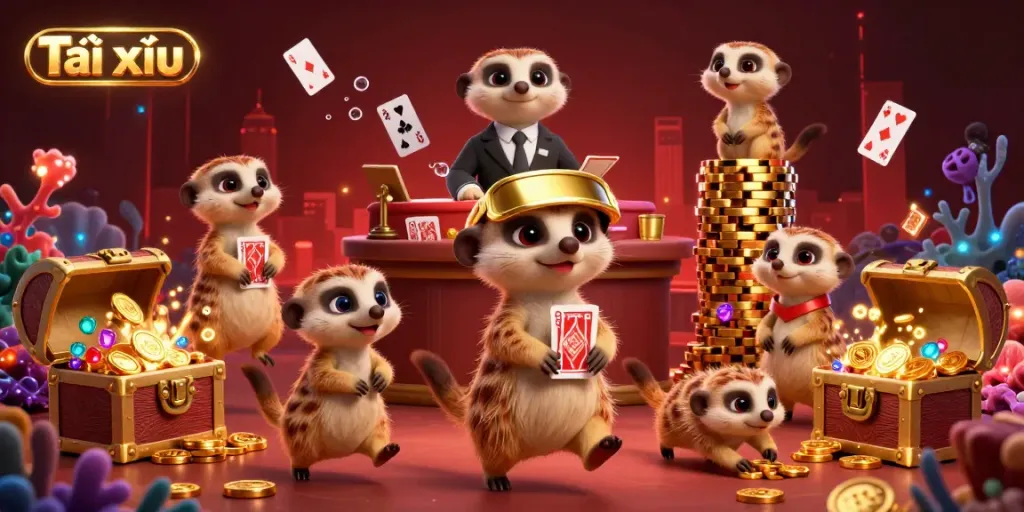 Tài xỉu themed meerkats managing a vibrant casino scene with gold and gems.