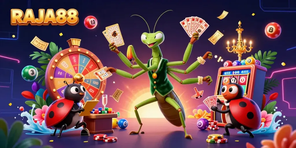 Engage with RAJA88 in an exciting lottery scene featuring dynamic characters and vibrant elements.