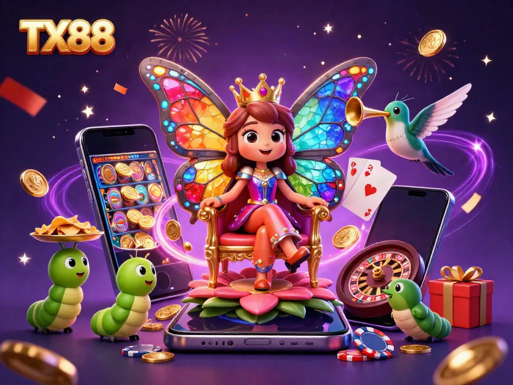 Experience TX88's vibrant gaming world with a butterfly queen, chips and joyful atmosphere for gamblers