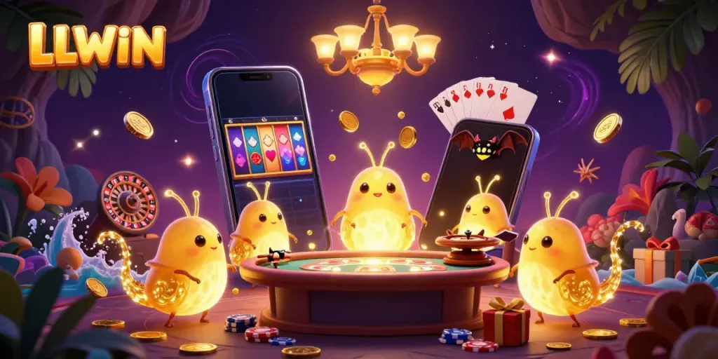 Experience the vibrant LLWIN cave casino illuminated by glowing characters and thrilling game elements.
