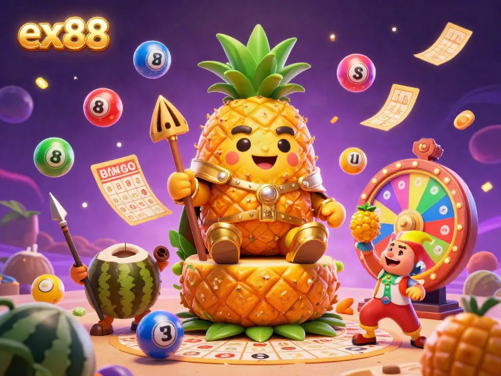Engage with the vibrant casino world in ex88, featuring a pineapple king and dynamic lottery elements.