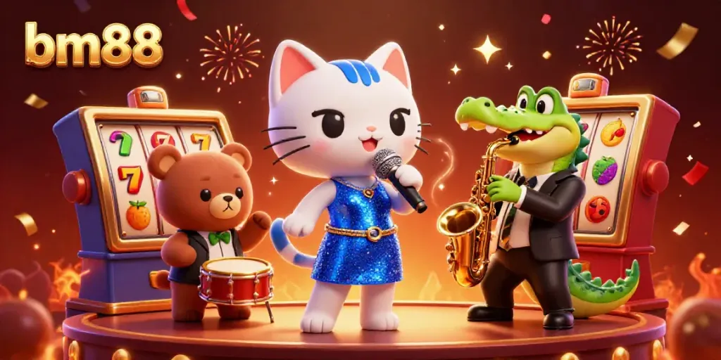 Experience the vibrant bm88 casino scene with exciting slot reels and engaging characters.