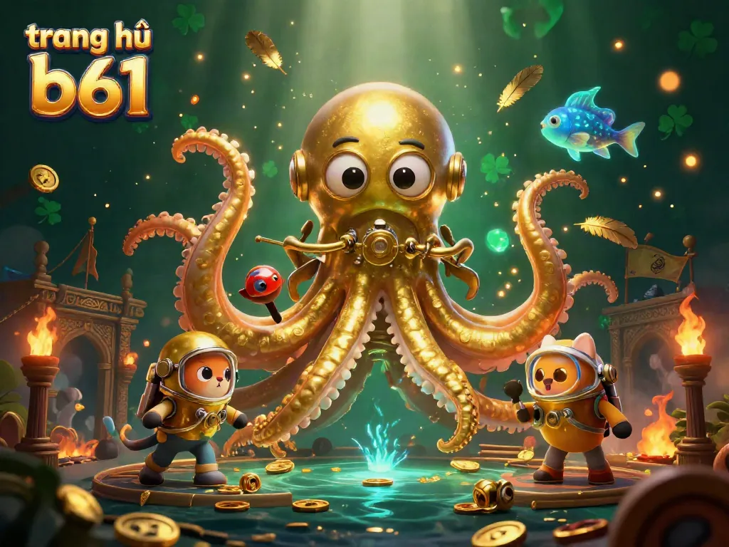 Engage in thrilling gameplay with the majestic kraken and diving cat at trang chủ b61, amidst swirling treasures and casino elements.