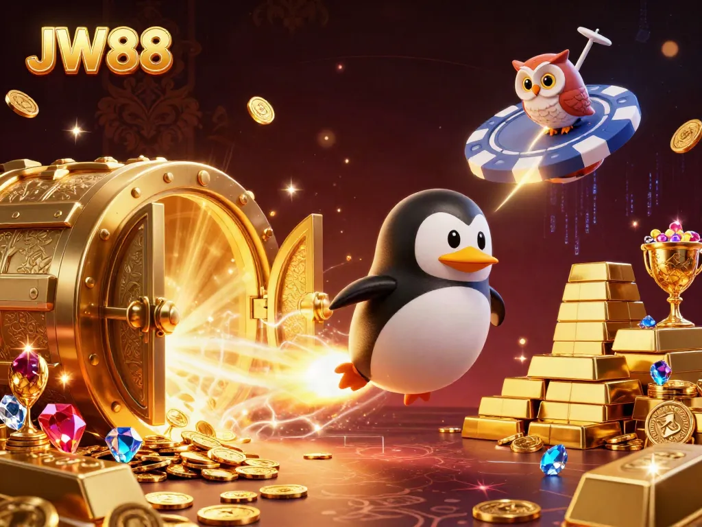 Experience the thrill of JW88 as a rocket-powered golden penguin soars to a vibrant casino space station.