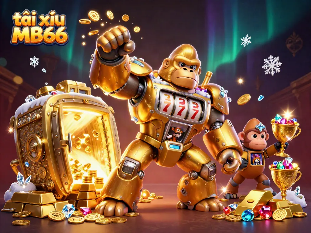 Engaging scene of tài xỉu MB66 with a golden gorilla mech and treasure, showcasing thrilling casino excitement.