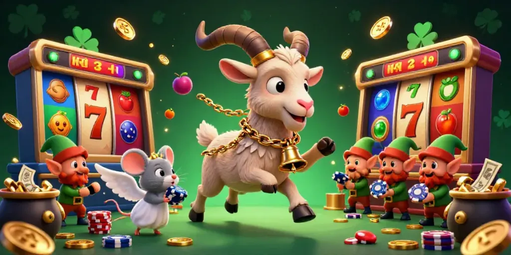 Nổ hũ casino scene with Krampus goat, angel mouse, and gremlins amidst colorful slot symbols.