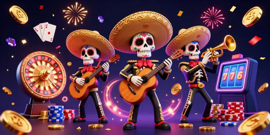 Experience the vibrant 98 WIN gaming scene with festive skeleton mariachi musicians, colorful decor, and casino riches.