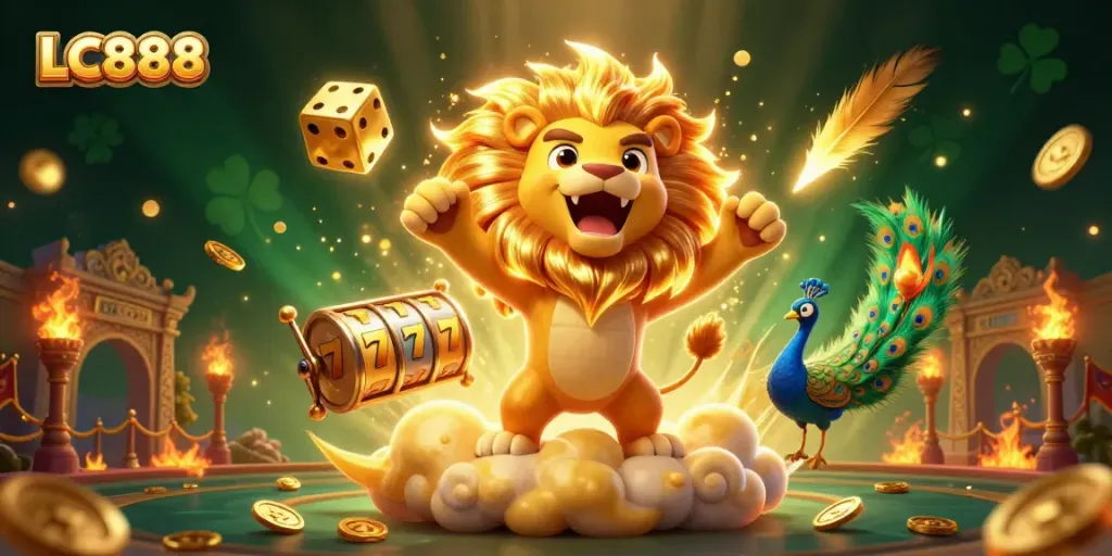 Experience thrilling slots at LC888 with a roaring sun lion amidst a vibrant casino backdrop.