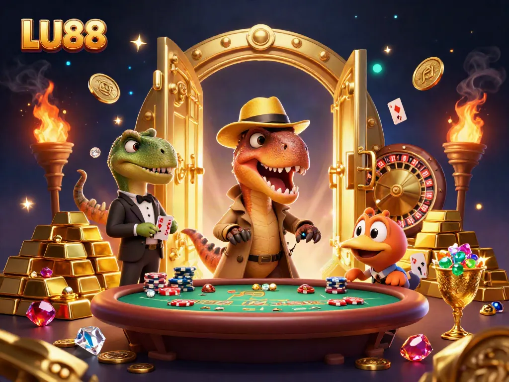 LU88 velociraptor card counter at a blackjack table amidst a glimmering casino scene.