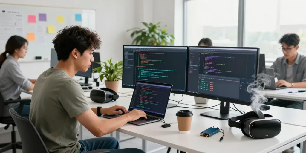 Creative software development space featuring istana404 coding environment with tech gadgets and team collaboration.