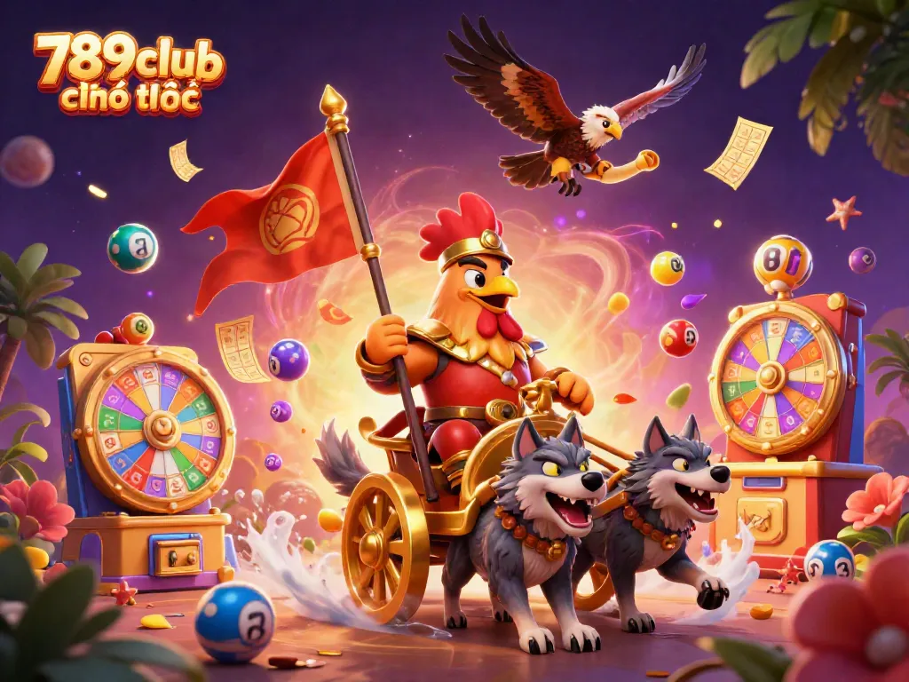 Engage with 789club chính thức through a vibrant illustration of casino elements and dynamic characters.