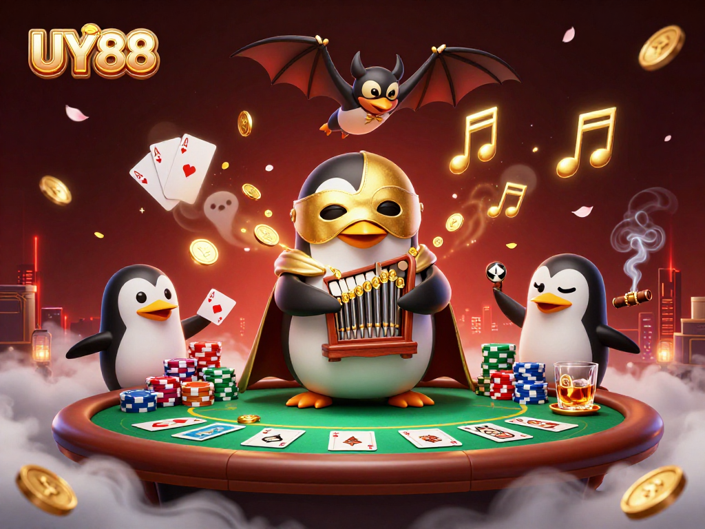 Experience thrilling gameplay at UY88 with our vibrant 3D illustration featuring a penguin playing the organ.