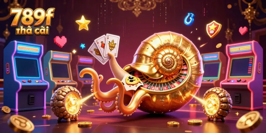 Engaging casino scene featuring the 789f nhà cái nautilus character surrounded by glowing games and vibrant energy.