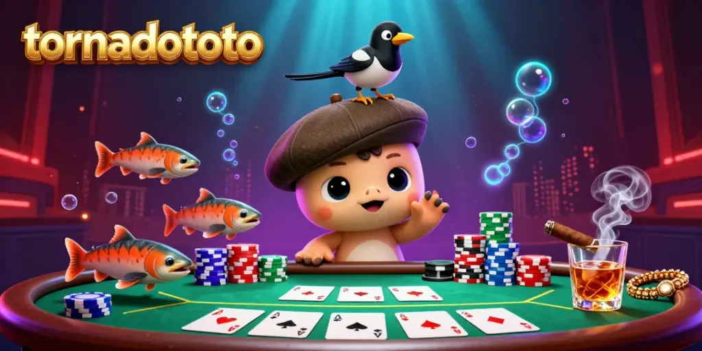 Tornadototo brings casino excitement to life with cartoon baby Nessie at a vibrant poker table.
