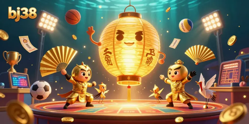 Bj38 celebrates thrilling casino experiences with dynamic sports elements and glowing characters.