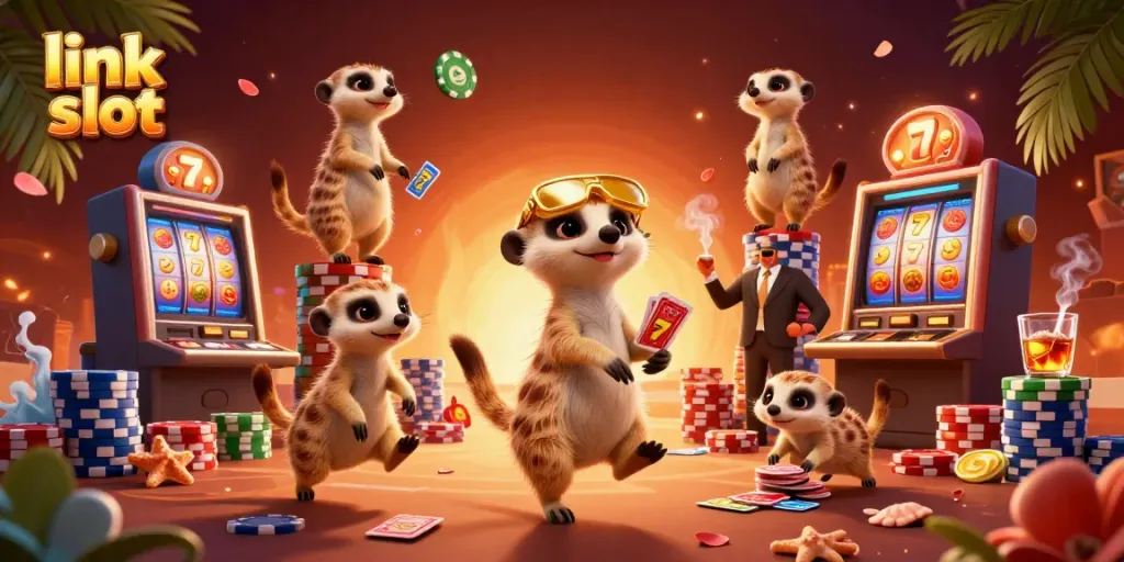 Experience the thrill of link slot gameplay with cheerful meerkats in a lively casino scene.