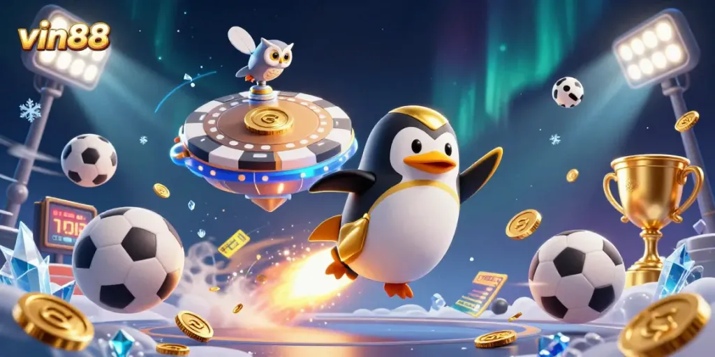 Experience vin88 casino excitement with a golden penguin and sports elements in vibrant 3D
