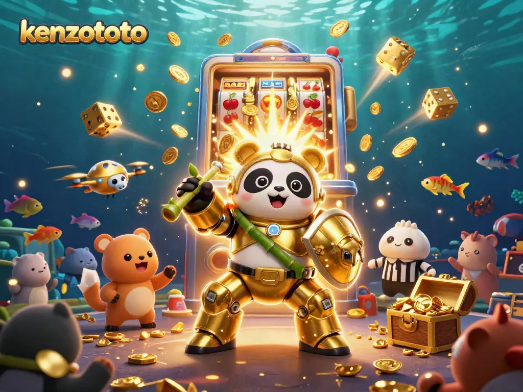 Kenzototo showcases a vibrant online fish shooting game scene with a mech-suit panda amidst dynamic game elements.