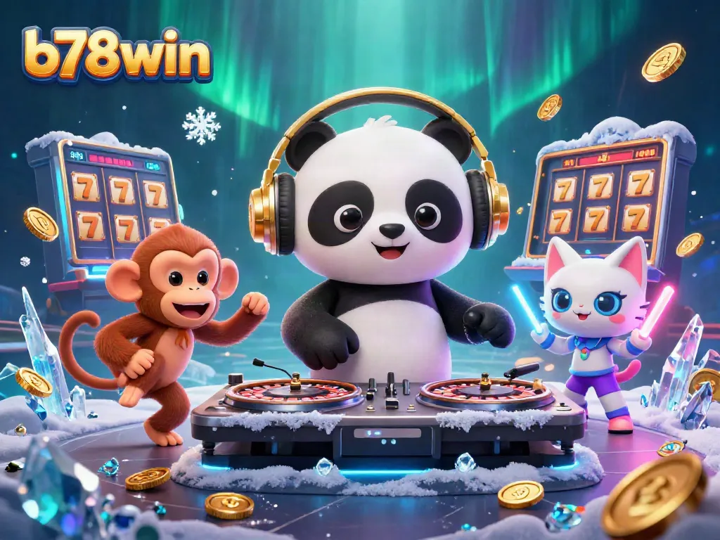 Join the fun at b78win with a DJ panda at a vibrant casino-themed rave!