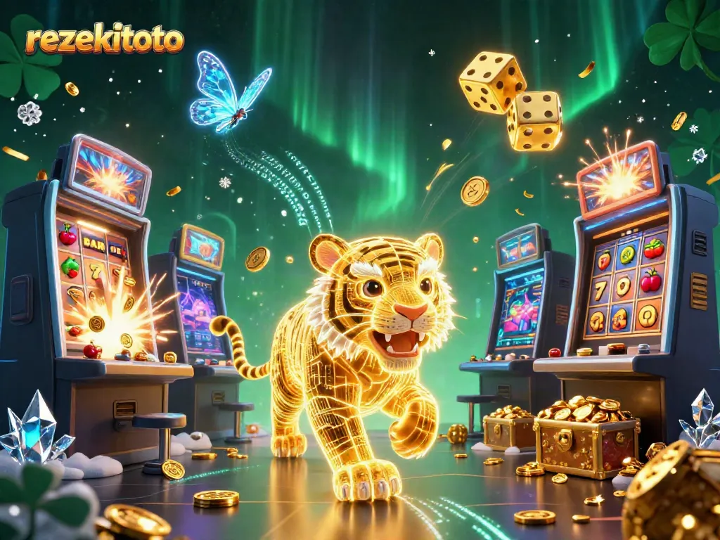 Experience rezekitoto's thrilling jackpot scene with a golden tiger and vibrant gaming elements.