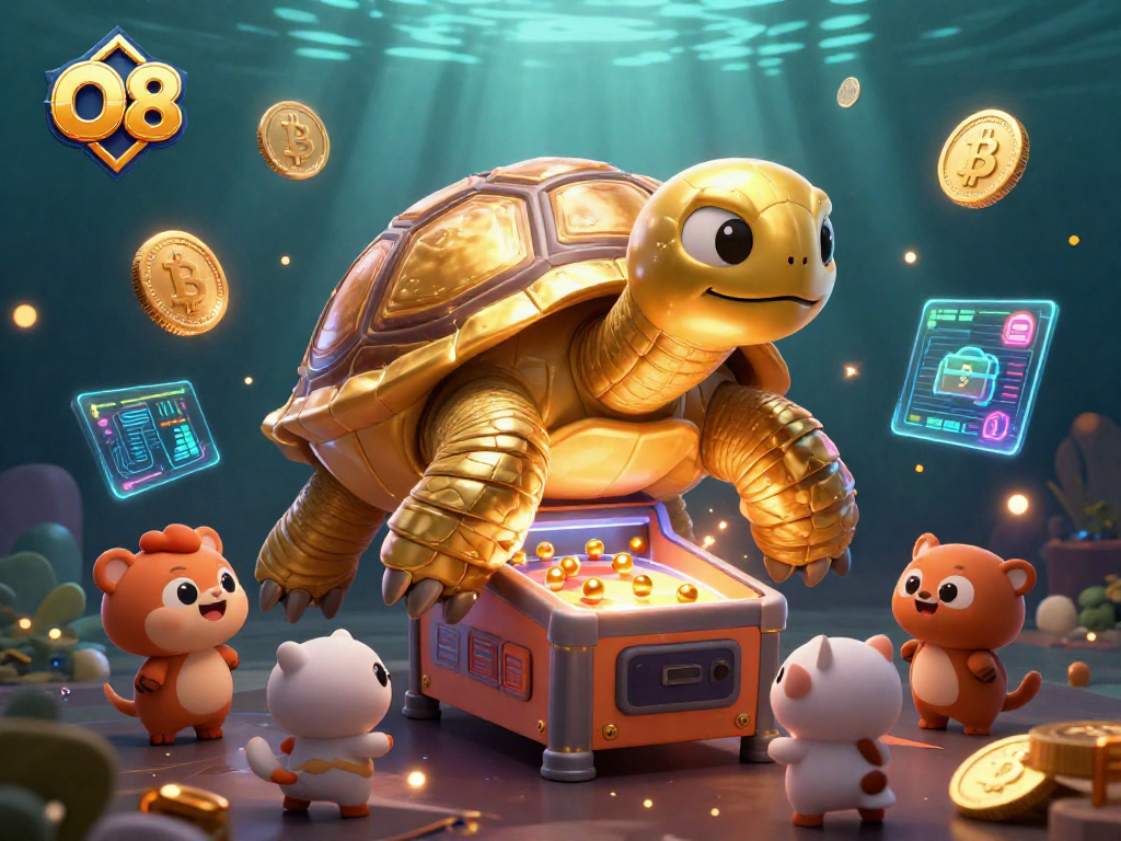 Play the O8 casino game with a golden tortoise and crypto-themed elements.
