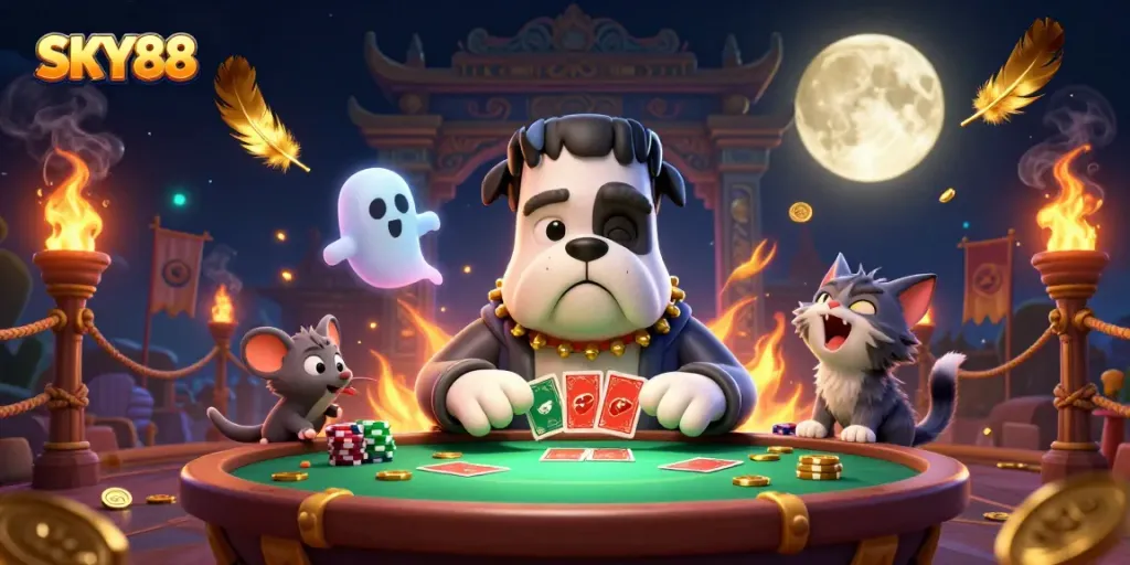 SKY88 showcases a lively scene with a bulldog monster dealing cards, perfect for online casino excitement.