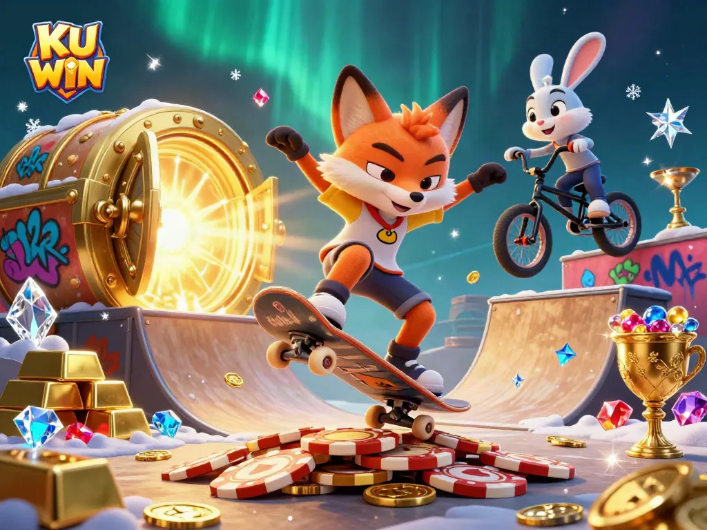 Spin to win at KU WIN with vibrant casino-themed action from skateboarders and BMX riders.