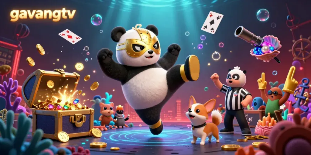 Witness the excitement of gavangtv with lively animal characters and vibrant gaming elements in this dynamic illustration.