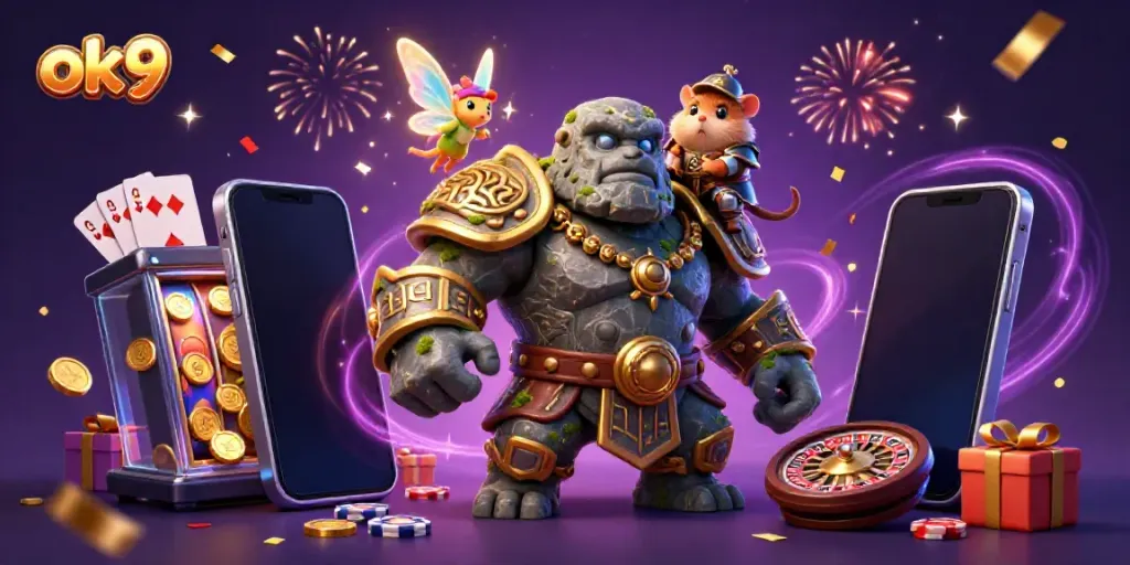 Experience thrilling gaming adventures with ok9 in a vibrant 3D illustration featuring magical casino elements.