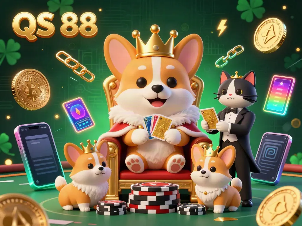 Experience the excitement of QS 88 with a playful royal corgi atop poker chips, surrounded by dazzling casino elements.