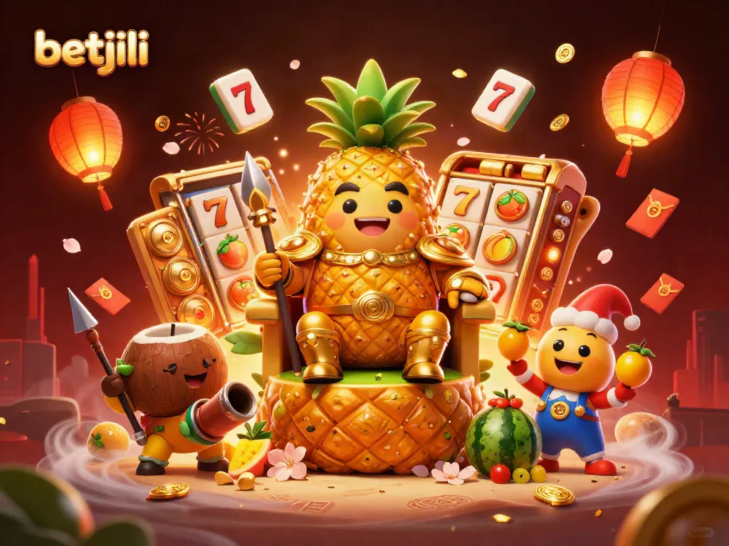 Engage with Betjili's vibrant casino scene, featuring the pineapple king and gaming elements like slot reels.