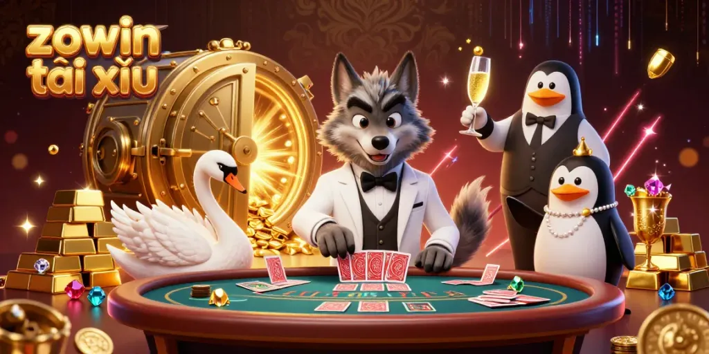 Zowin tài xỉu game scene featuring debonair wolf, elegant swan, and sophisticated penguin with treasures