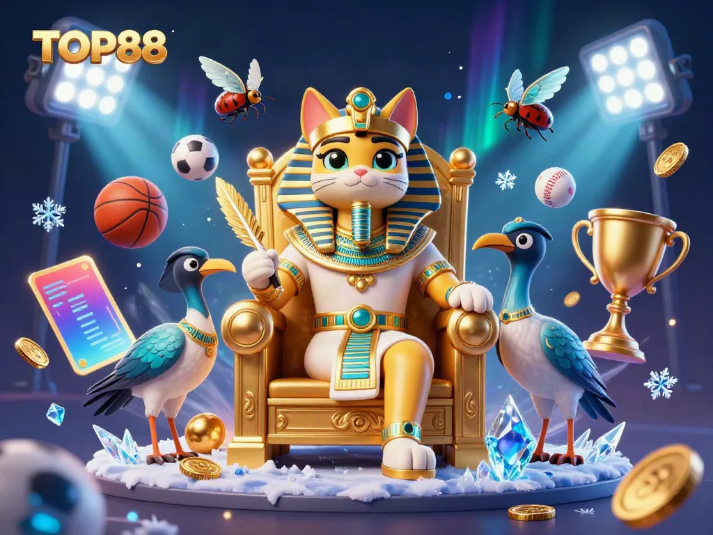 Experience the thrill of TOP88 with a vibrant 3D cartoon scene showcasing exciting sports betting elements.