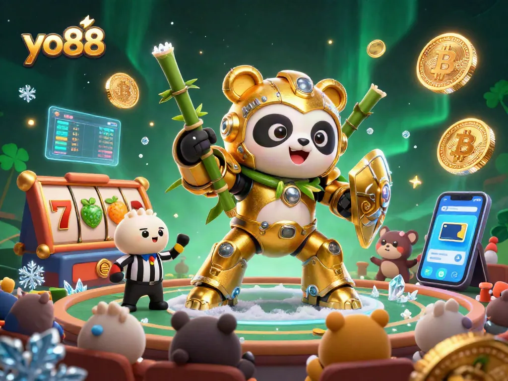 Engage with the vibrant yo88 casino scene featuring a golden panda robot amidst casino elements and cheering fans.